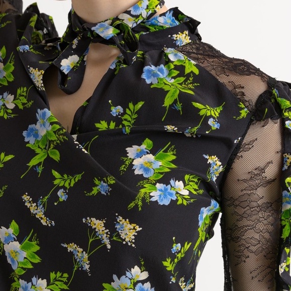 SANDRO Silk Lace Insets Ruffle Black Green Floral Mini Shift Victorian Dress - Picture 3 of 12